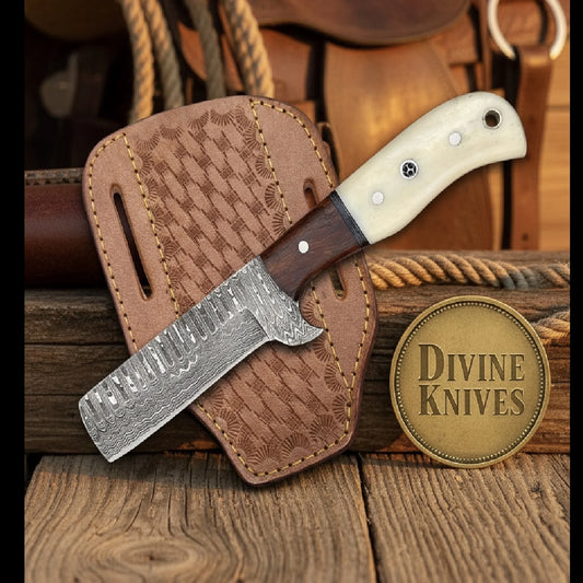 Bone and Wood Bull Cutter Knife with Wood Grain Damascus Blade