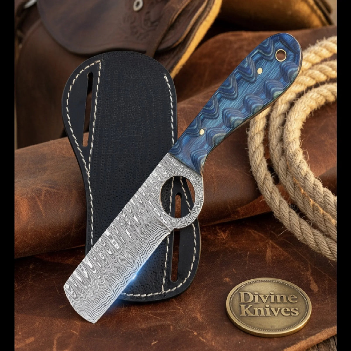Blue Scalloped Bull Cutter Knife with Integrated Loop and Navy Handle