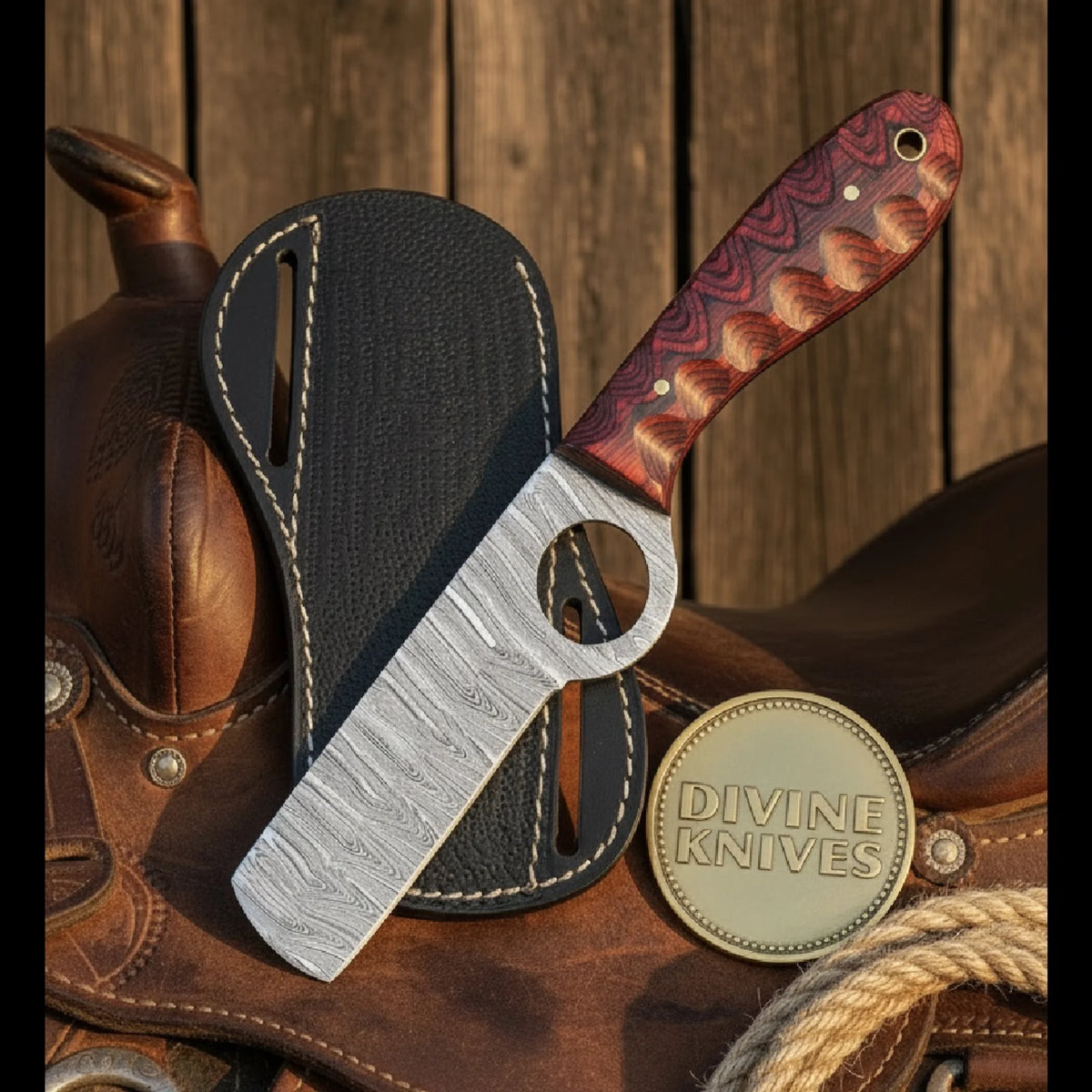 Red Scalloped Bull Cutter with Integrated Loop and Damascus Blade