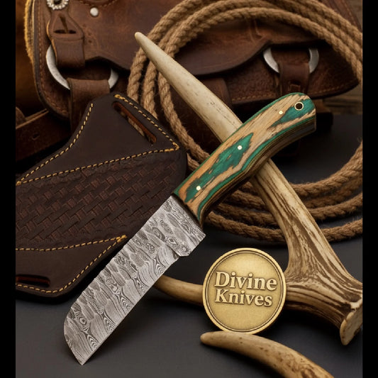Wawona Cowboy Bull Cutter Knife with Squared Damascus Blade