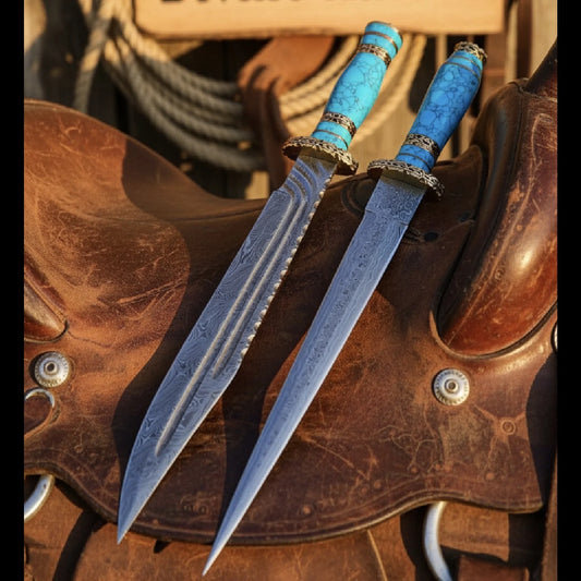 Turquoise Handle Damascus Dagger Set with Brass Bolsters