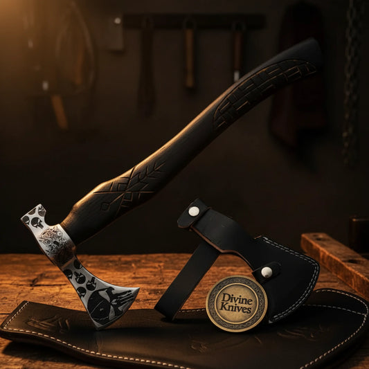 Skull Etched Belt Axe with Textured Wood Handle