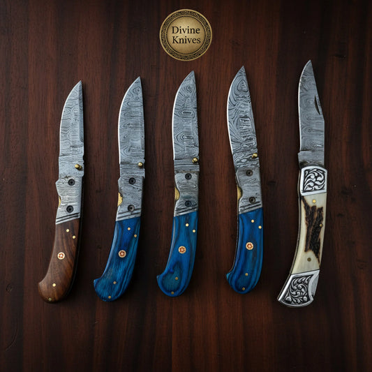 5-Piece Folding Pocket Knife Set with Mixed Wood, Resin, and Stag Handles