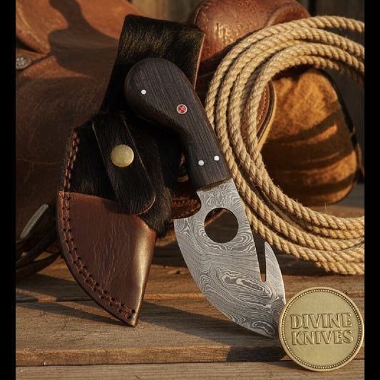 Finger Hole Gut Hook Skinner with Dark Wood Handle for Hunting