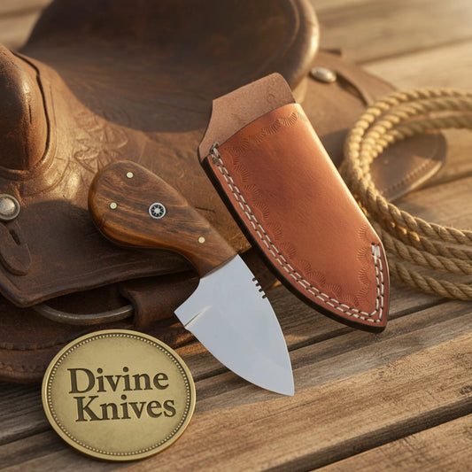 Compact Drop Point Utility Knife with Wood Handle and Tooled Leather Sheath