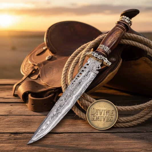 Ornate Filigree Damascus Bowie with Pierced Spine and Burl Wood Handle