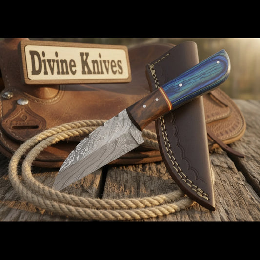 Blue Pakka Wood Damascus Knife with Contrasting Dark Wood Spacer