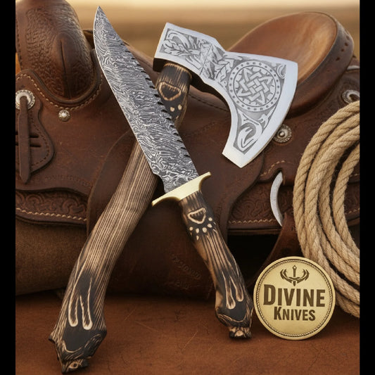 Wolf Head Damascus Bowie Knife with Matching Celtic Tomahawk Axe