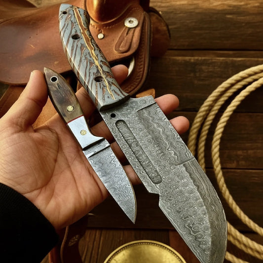 Damascus Tracker and Scout Knife Set with Two Forged Blades
