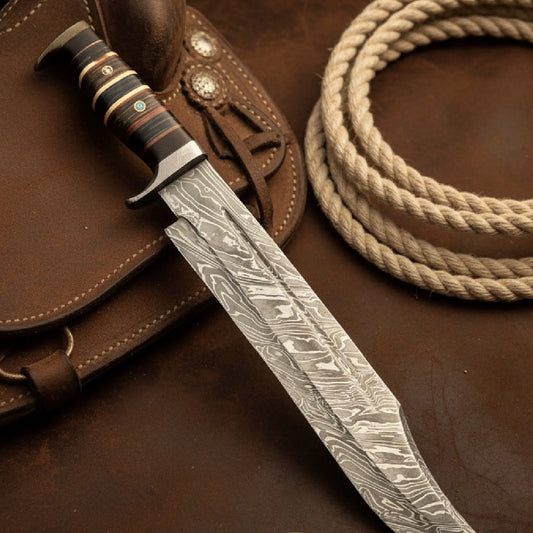 Damascus Prairie Wolf Bowie with Stacked Layered Handle