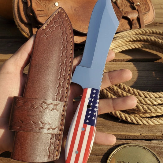 American Flag Cowboy Knife with Polished Carbon Steel Blade