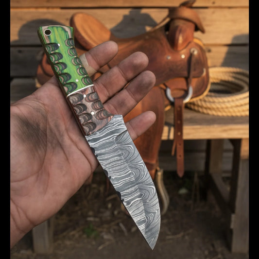 Damascus Exotic Green Hunter with Green and Brown Handle