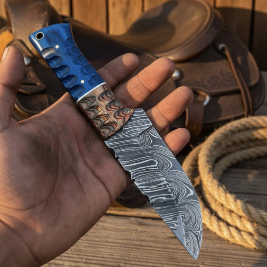 Damascus Wharncliffe Skinner Knife with Mosaic Handle