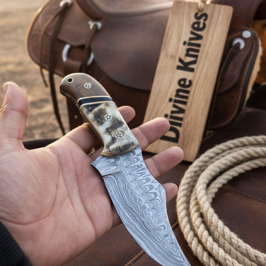 Small Cowboy Bowie with Feather Damascus Blade and Wood-Bone Handle