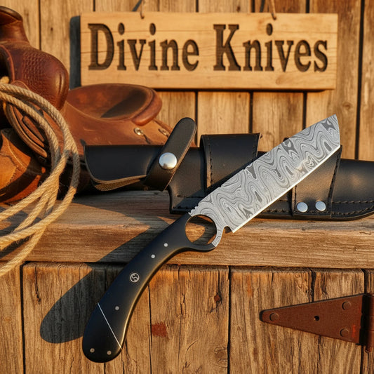 Damascus Finger Hole Mini Cleaver with Black G10 Handle