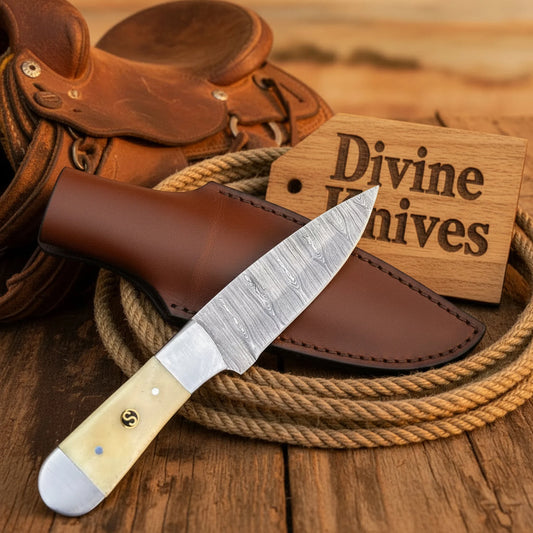 Ivory Bone Cap Cowboy Knife with Wood Grain Damascus Blade