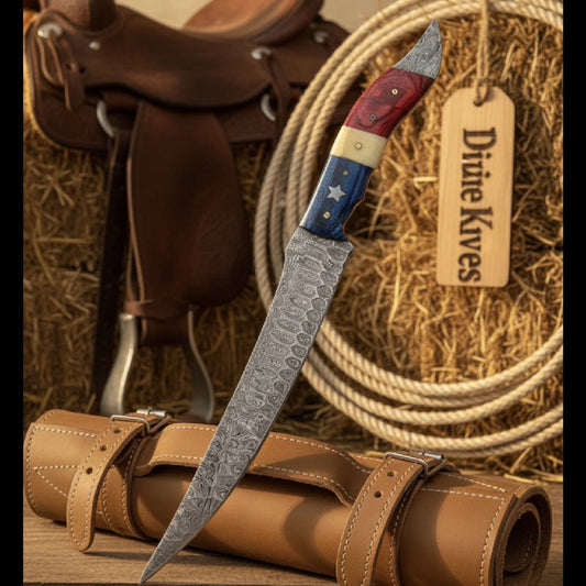 Texas Flag Fillet Knife with Tri-Color Handle for Patriotic Fish Cleaning