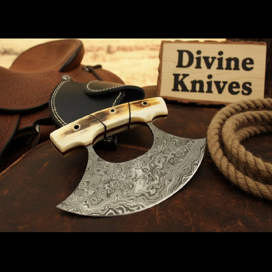 Damascus Stag Horn Alaskan Ulu with Raindrop Damascus Crescent Blade