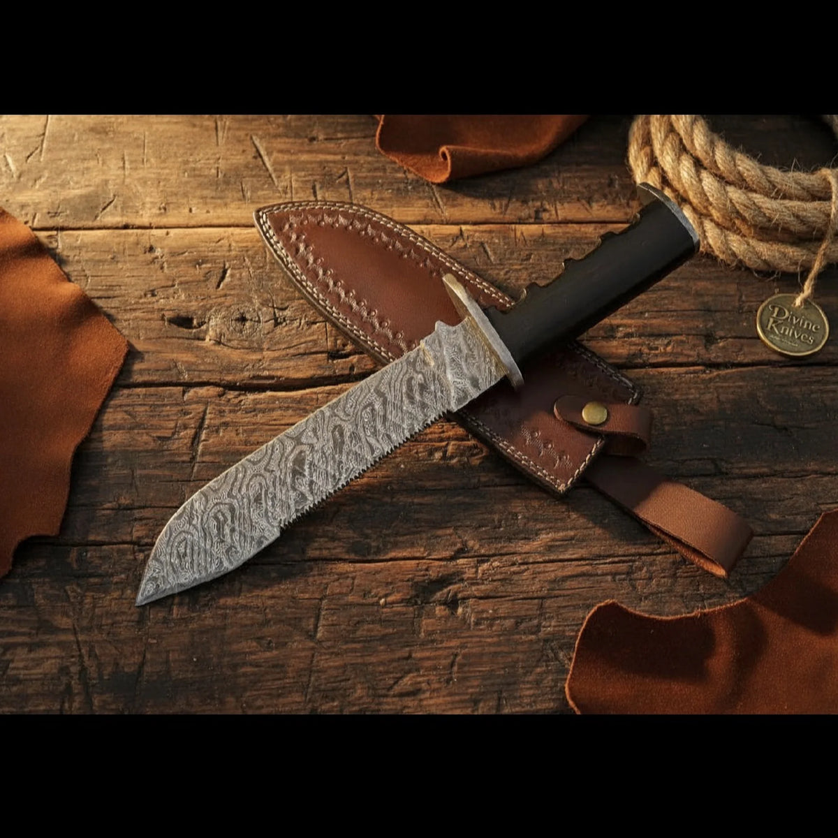 Damascus Sawback Bowie Knife with Saw Tooth Spine