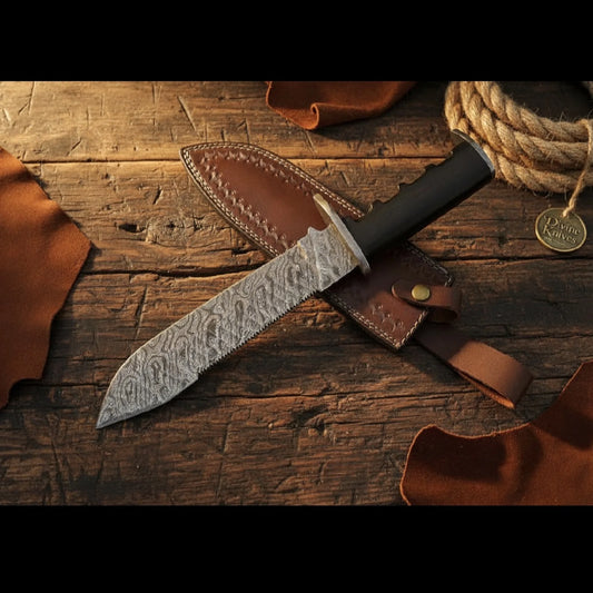 Damascus Sawback Bowie Knife with Saw Tooth Spine