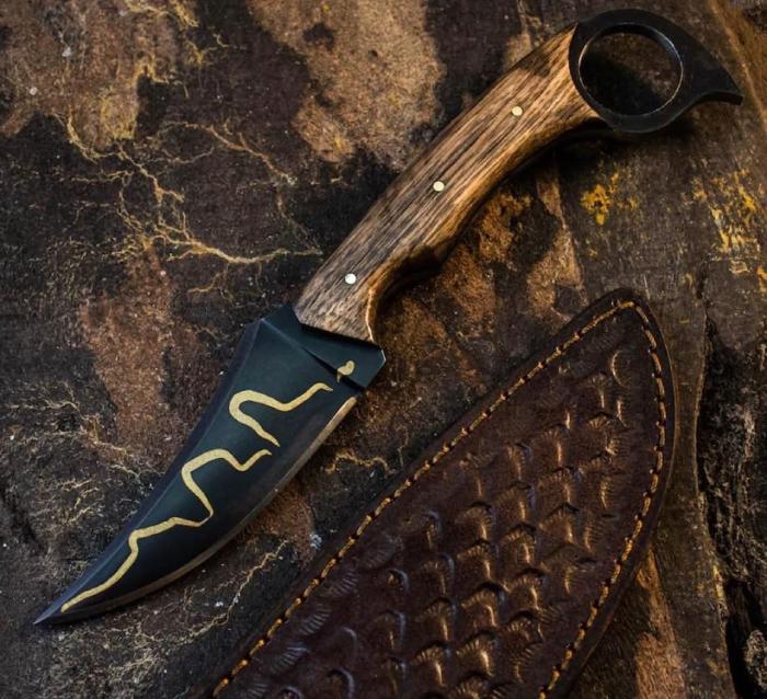 Gold Vein Ring Handle Skinner Knife with Black Coated Curved Blade for Hunters and Collectors