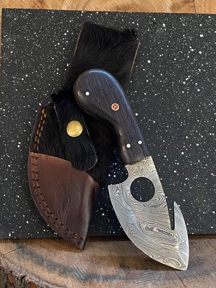 Finger Hole Gut Hook Skinner with Dark Wood Handle for Hunting