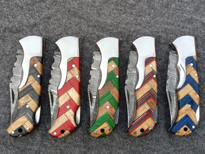 5-Piece Chevron Inlay Folding Knife Set with Wood Mosaic Handles