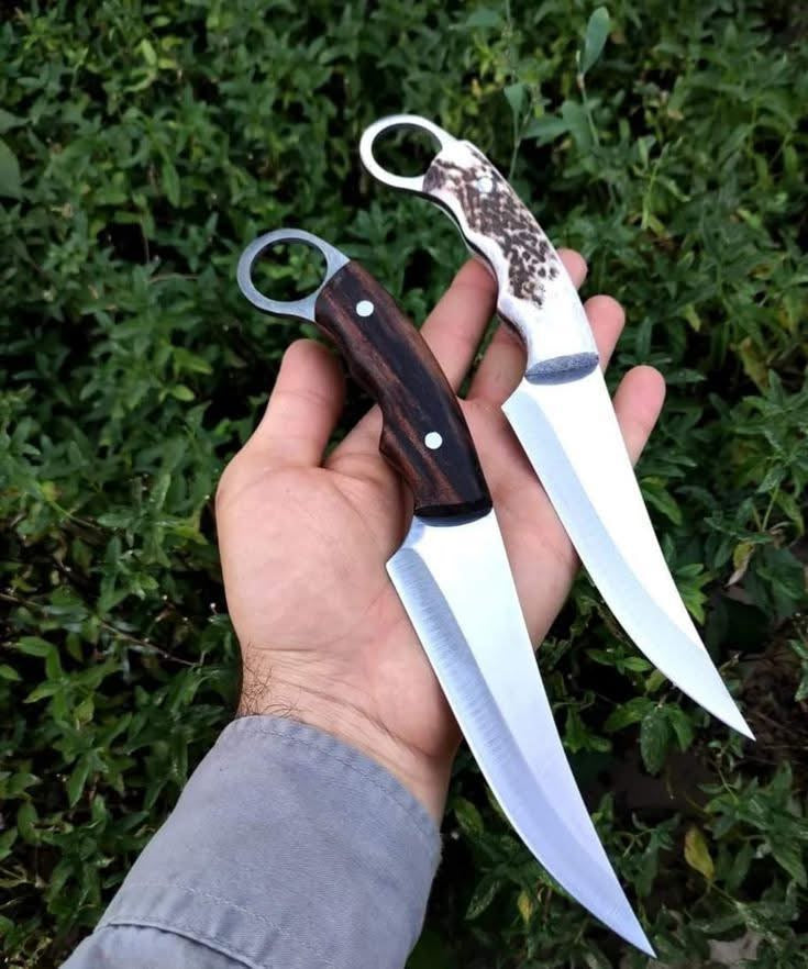 Ring Handle Skinner Knife Pair with Wood and Stag Handles