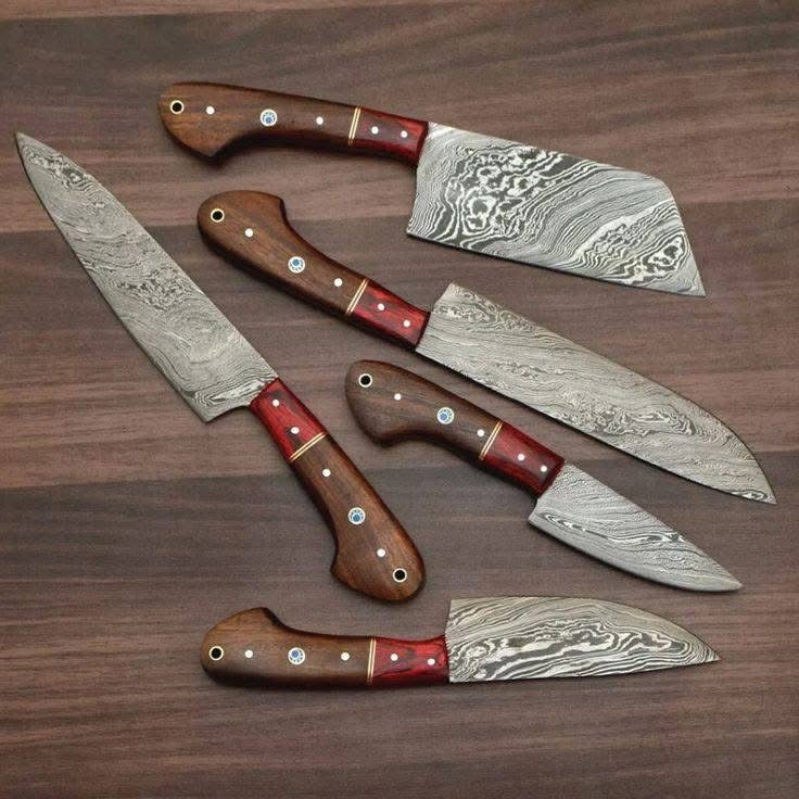 4-Piece Chef Knife Set with Wood Handles and Red Resin Accents