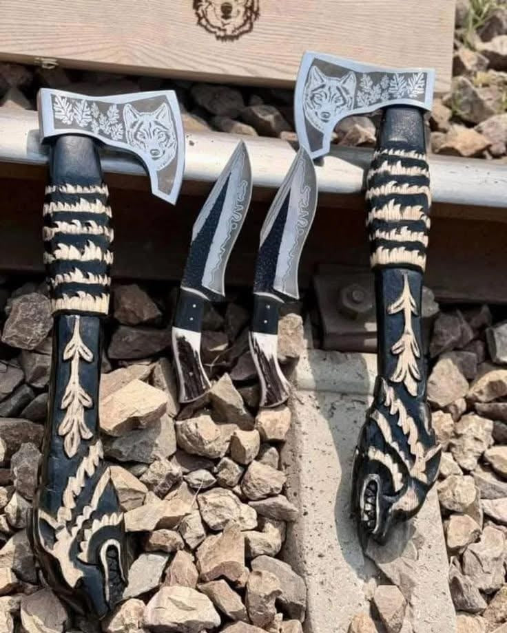 Wolf Engraved Axe and Skinner Knife Combo Set