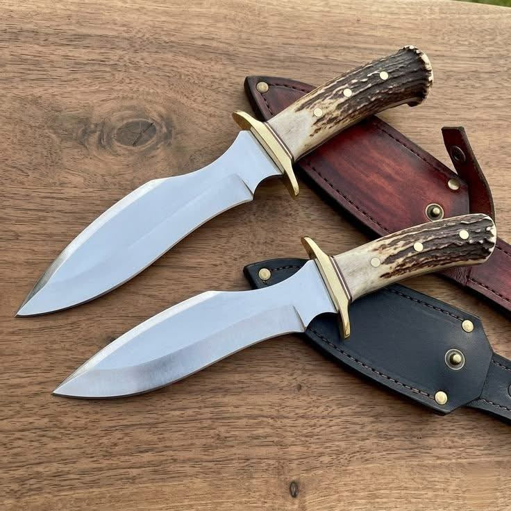 Stag Handle Hunting Knife Pair with Brass Guards and Leather Sheaths