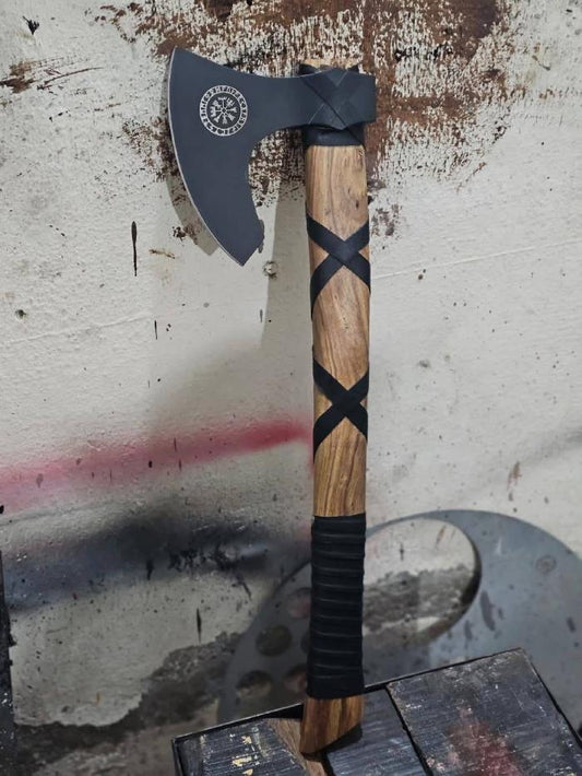 Norse Symbol Viking Axe with Leather Wrapped Wood Handle