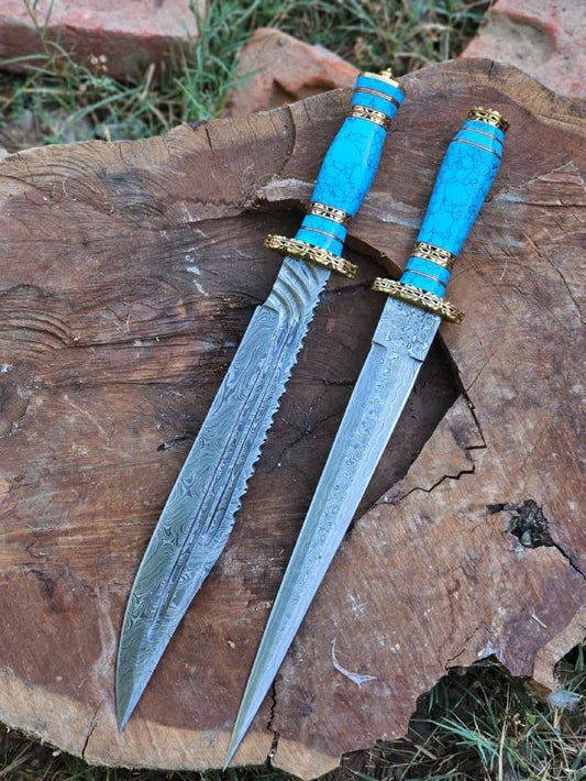 Turquoise Handle Damascus Dagger Set with Brass Bolsters