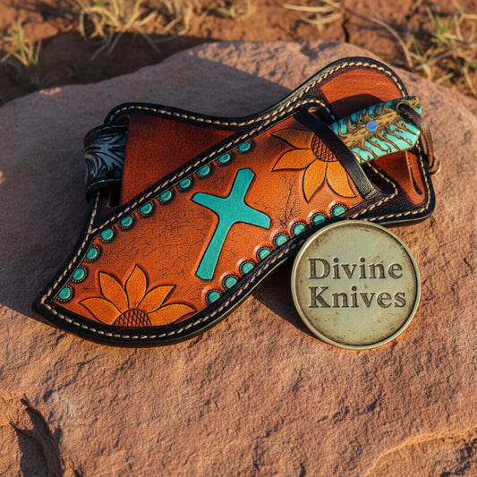 Rasp Steel Cowboy Knife with Olive and Turquoise Floral Sheath
