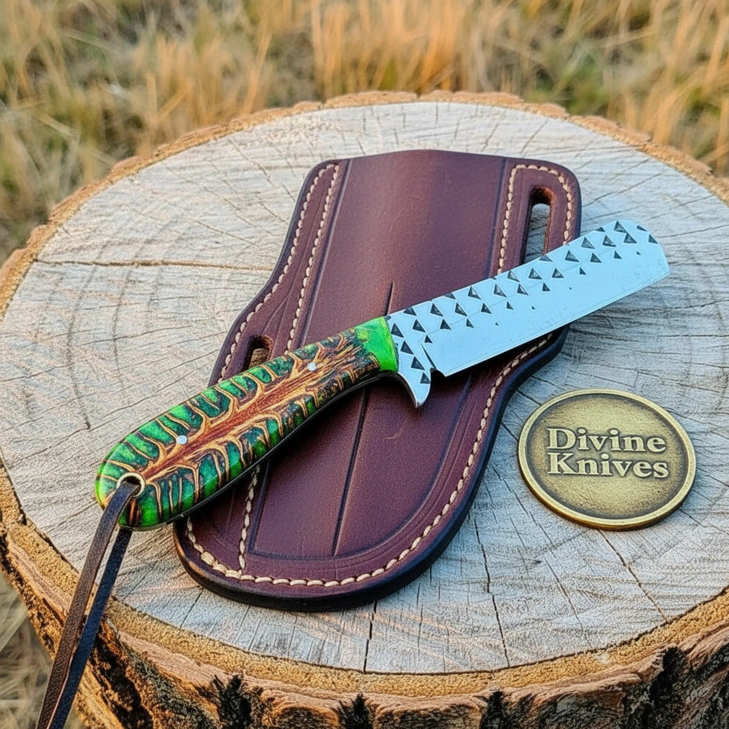 Emerald Pinecone Bull Cutter with Burgundy Leather Sheath for Farm Work