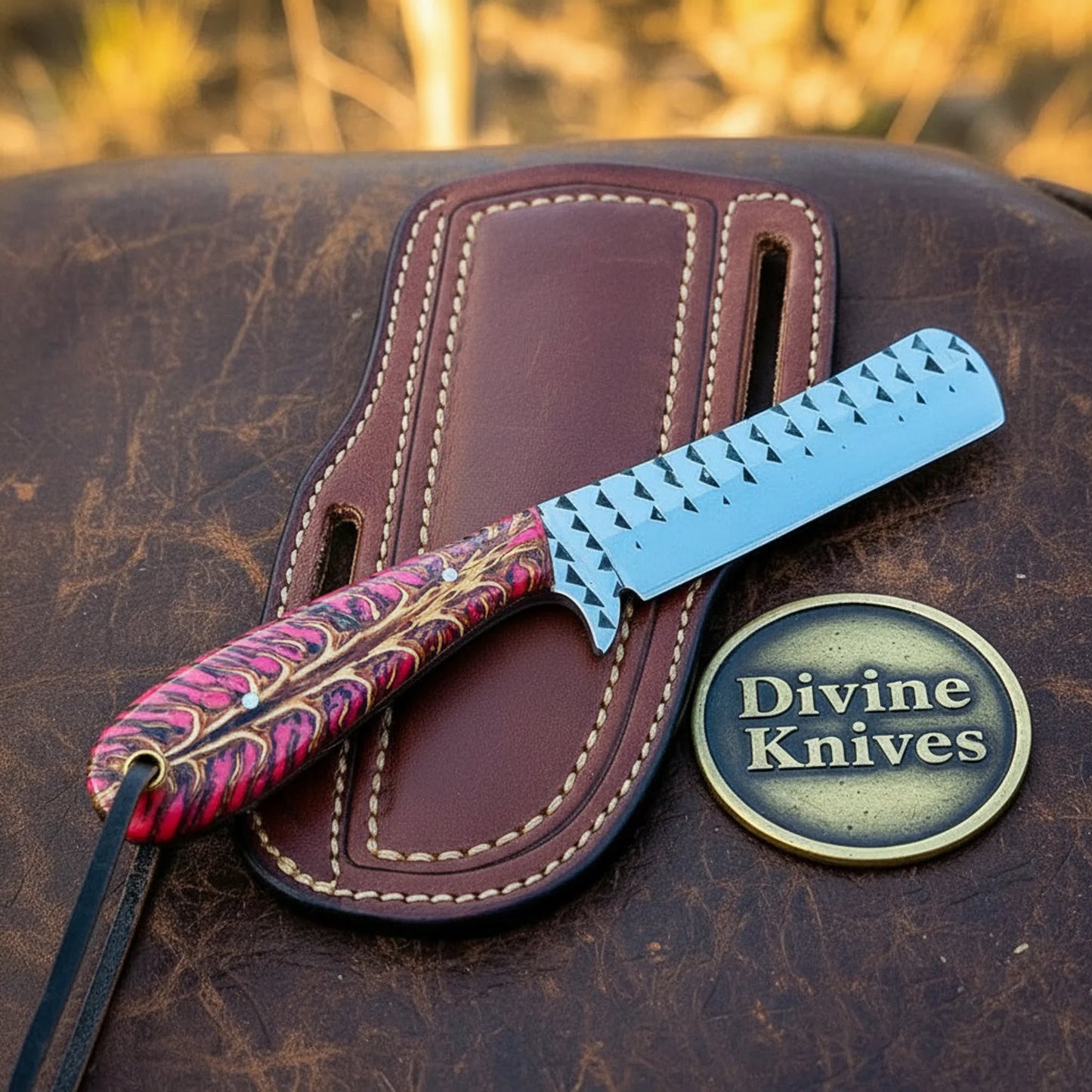 Crimson Pinecone Rasp Cleaver Knife with Rasp Textured Blade