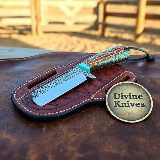 Green Pinecone Turquoise Cleaver with Cast Pinecone Resin Handle