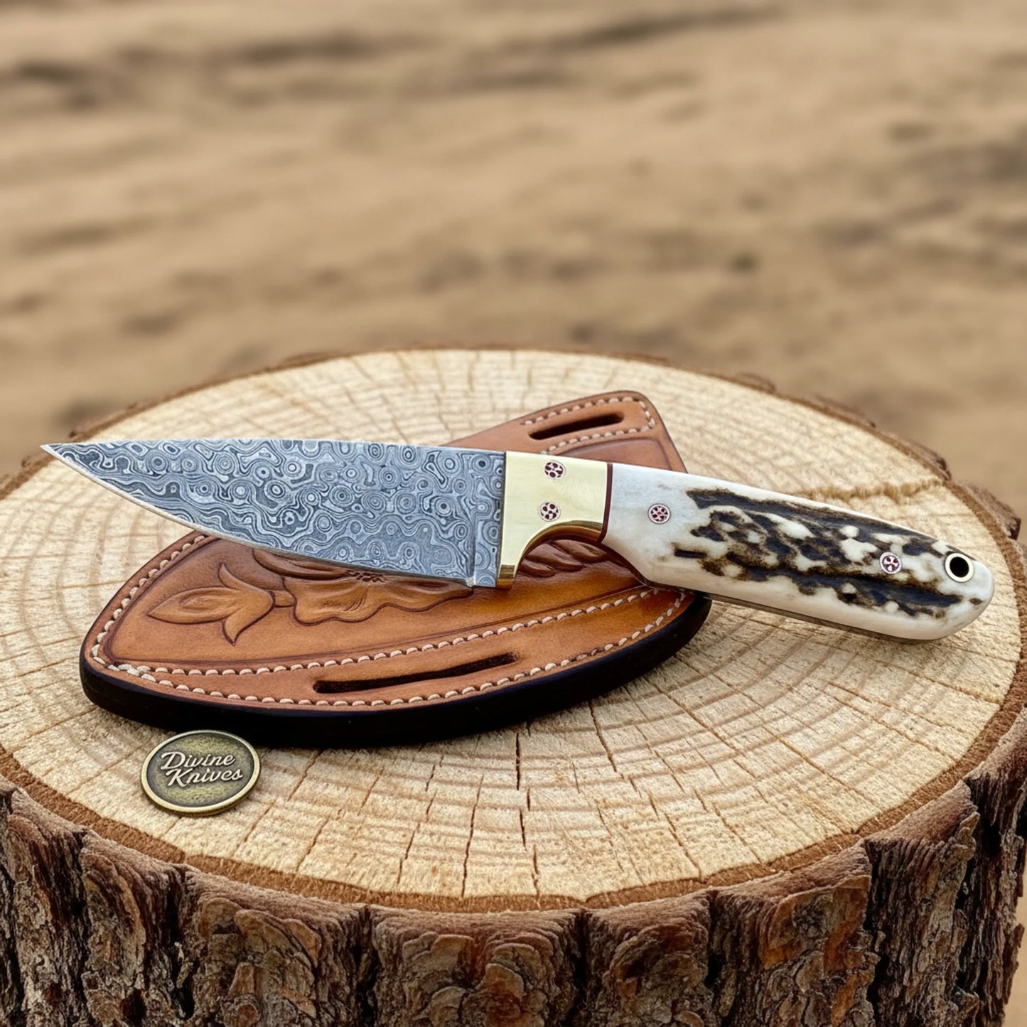Damascus Antler Cowboy Knife with Brass Bolster