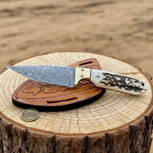 Damascus Antler Cowboy Knife with Brass Bolster