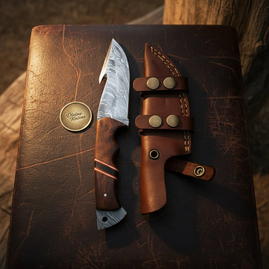 Timber Ripper Guthook Knife with Forged Damascus Blade