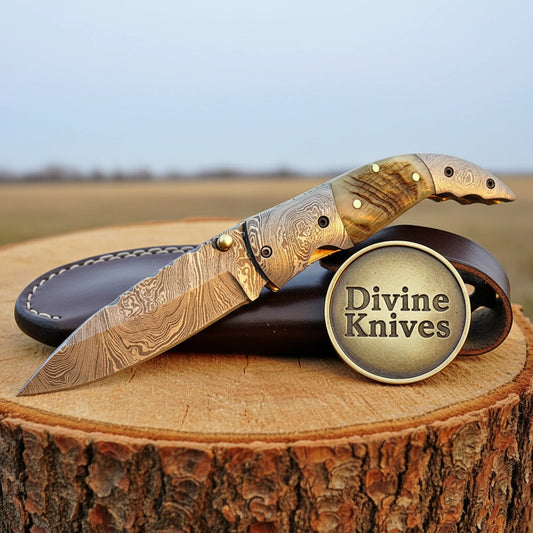 Ram Horn Handle Damascus Hawkbill Knife with Leather Sheath