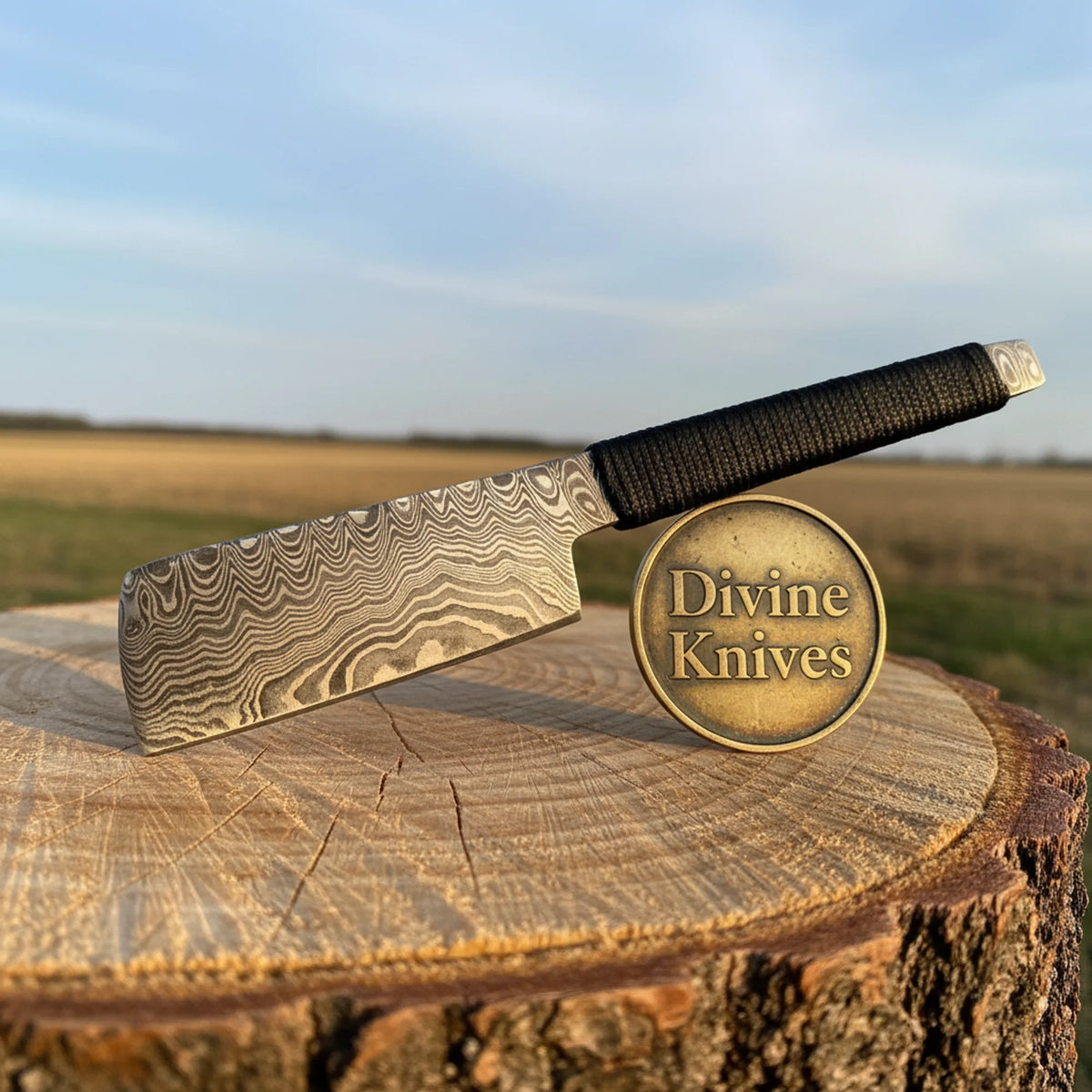 Compact Damascus Mini Cleaver with Cord-Wrapped Handle
