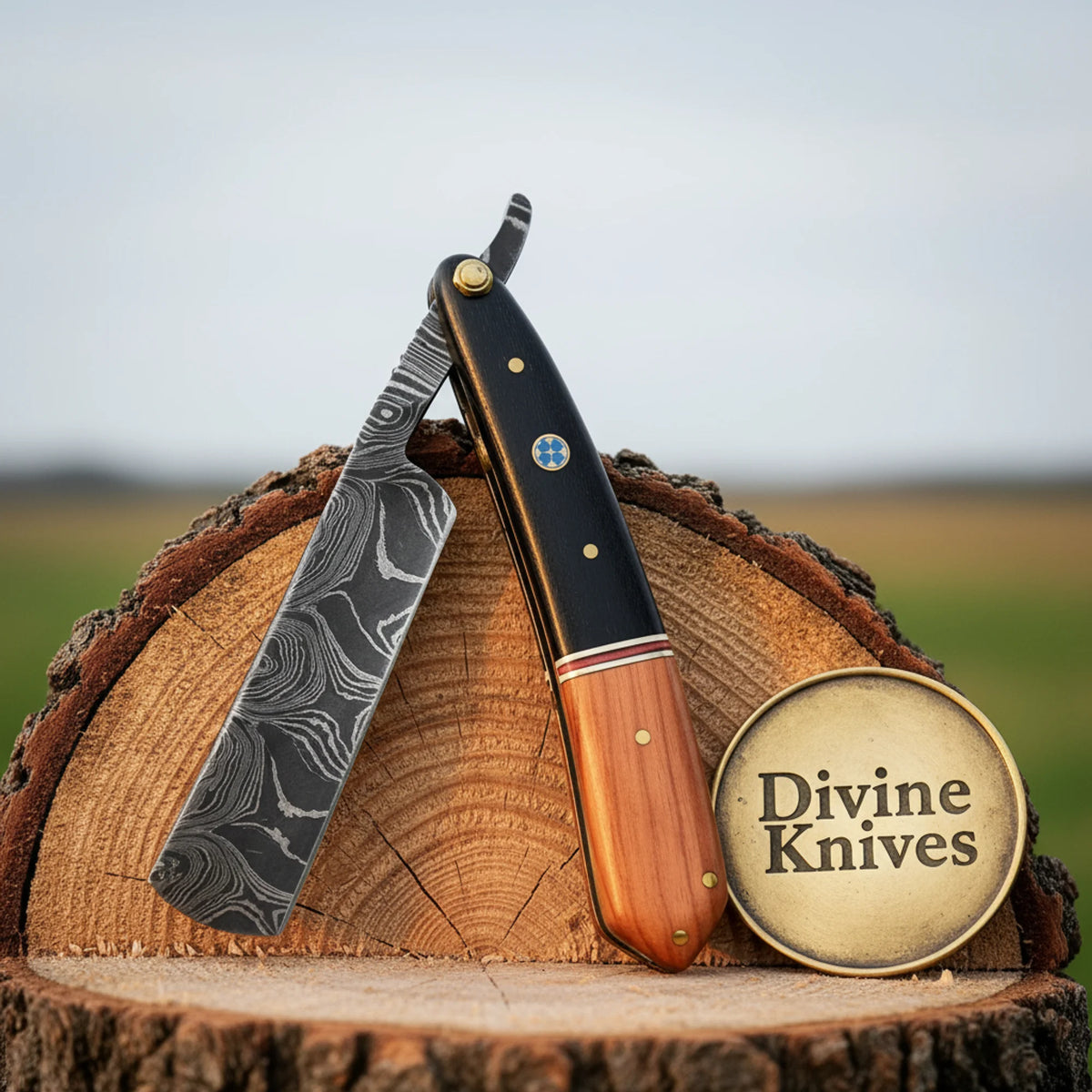 Black & Olive Wood Damascus Straight Razor – Handcrafted Cut-Throat Razor with 4-Inch Edge