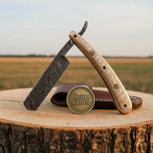 Engraved Brass Damascus Straight Razor – Handcrafted Ornate Cut-Throat Razor with Floral Handle