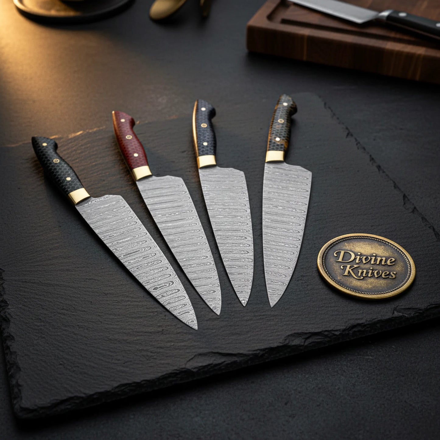 4-Piece Brass Bolster Chef Knife Set with Mixed Handle Finishes for a Complete Kitchen Upgrade