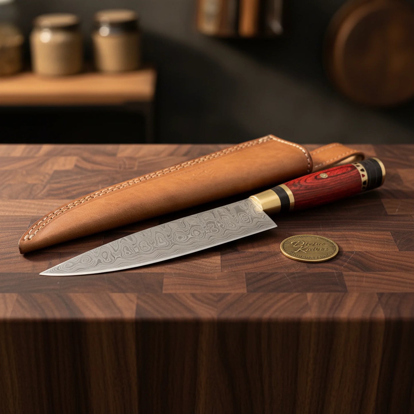 Red Black Wood Handle Chef Knife with Brass Accents and Leather Sheath for Daily Cooking