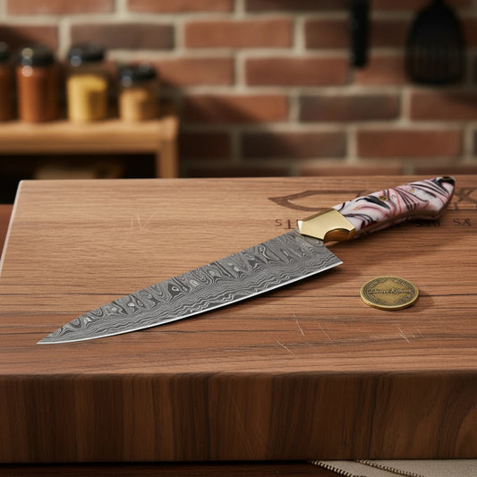 Copper Damascus Chef Knife with Bone Handle – Handcrafted Kitchen & Collector's Piece
