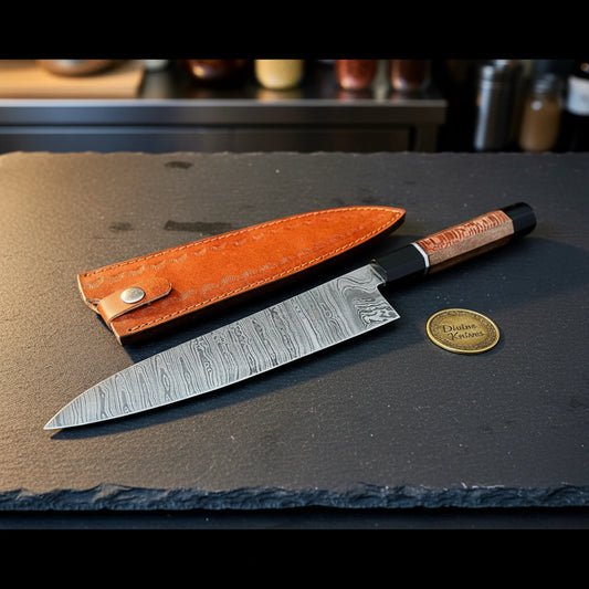 Damascus Gyuto Knife with Red Pakka Handle – Handmade Chef Knife