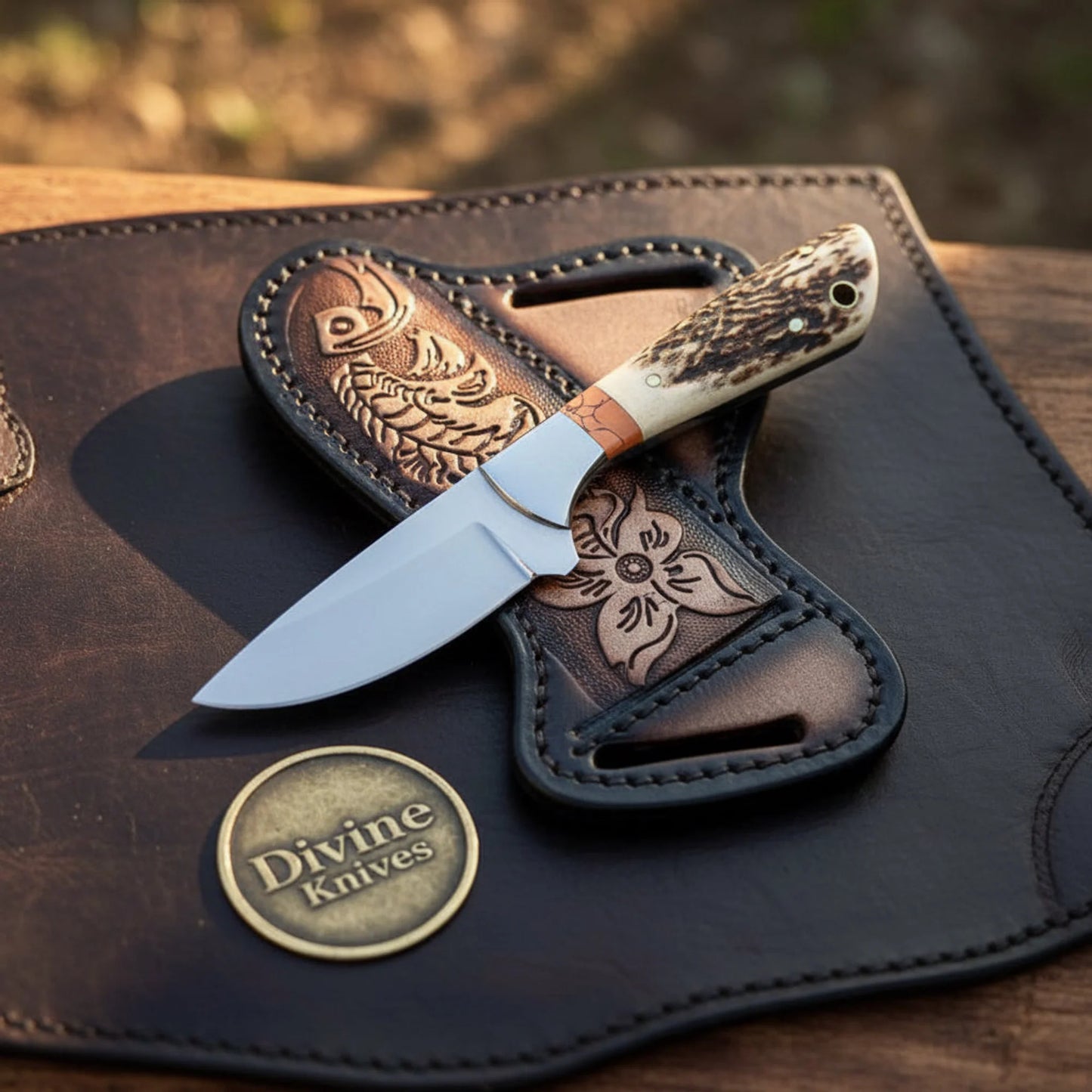 Leather-Wrapped Handle Damascus Bowie Knife for Outdoor Adventures