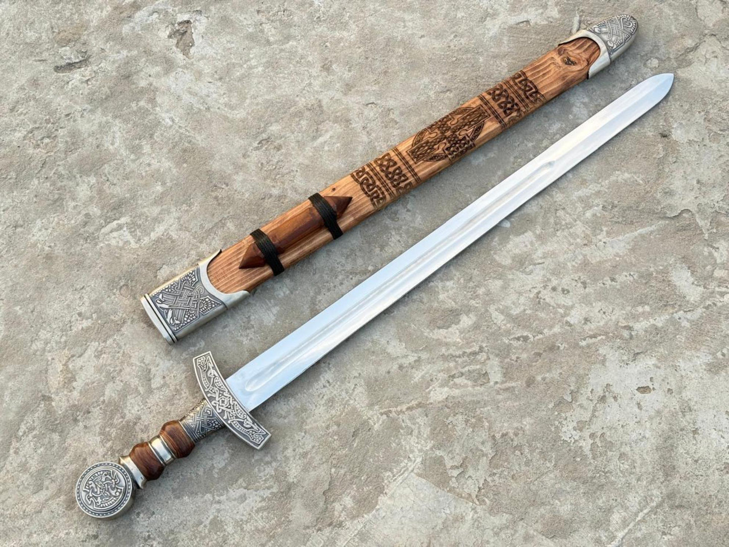 Medieval Norse Viking Sword with Carved Wood Scabbard